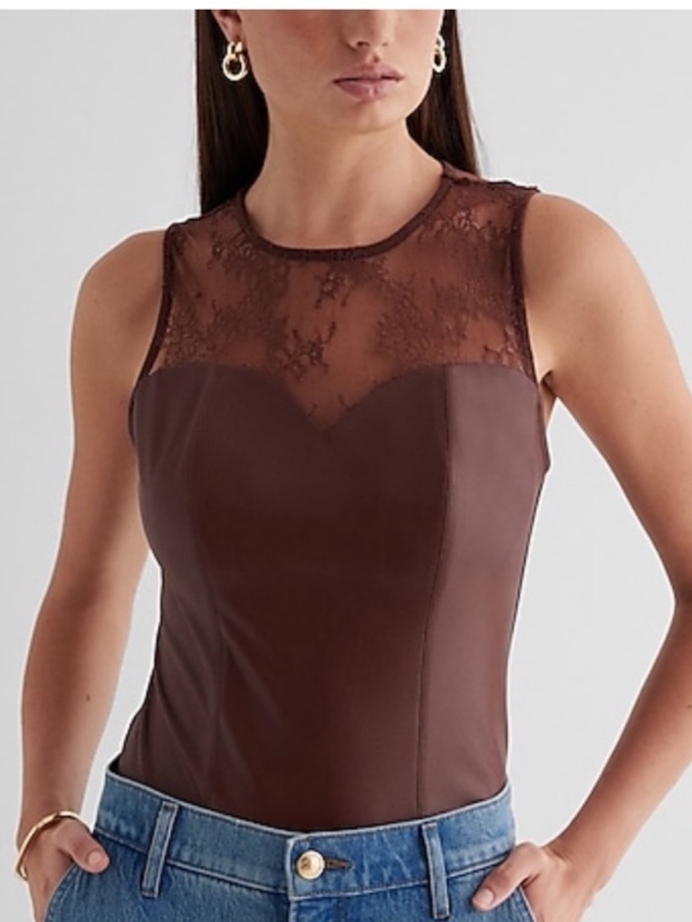 Express Brown Sleeveless Bodysuit with Lace Detail